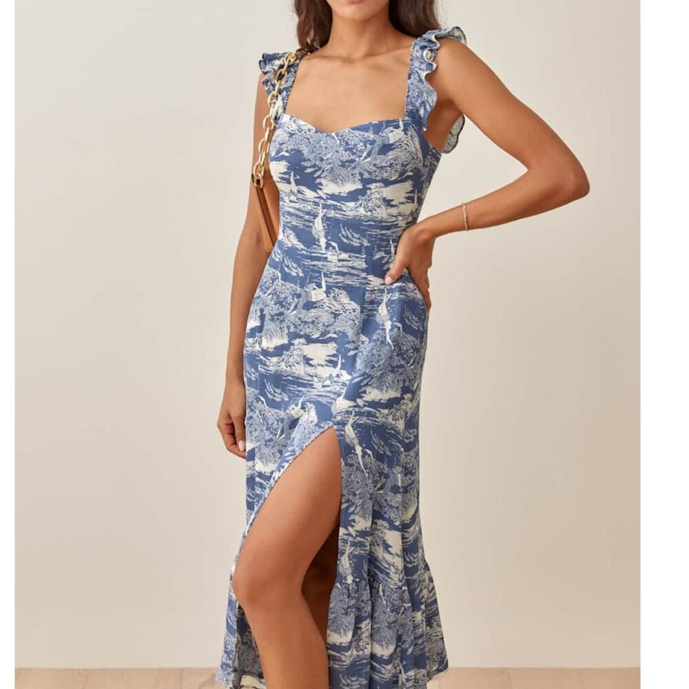 Reformation Bondi Blue Reef Water Print Fitted Ruffle Sweetheart Midi Dress